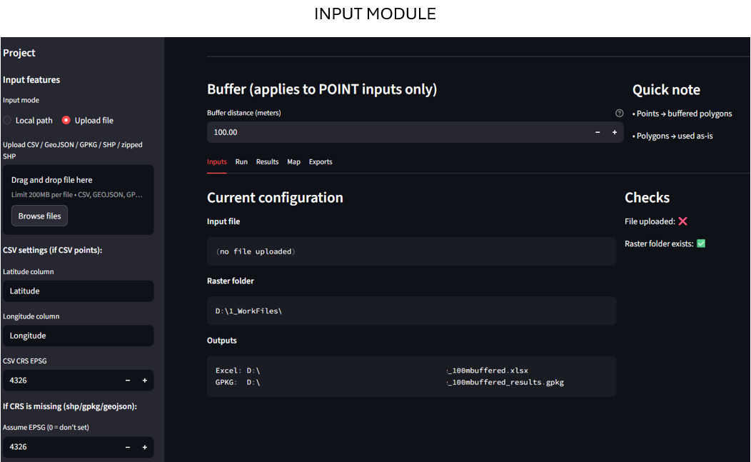 Dashboard Inputs module: asset upload and hazard selection interface